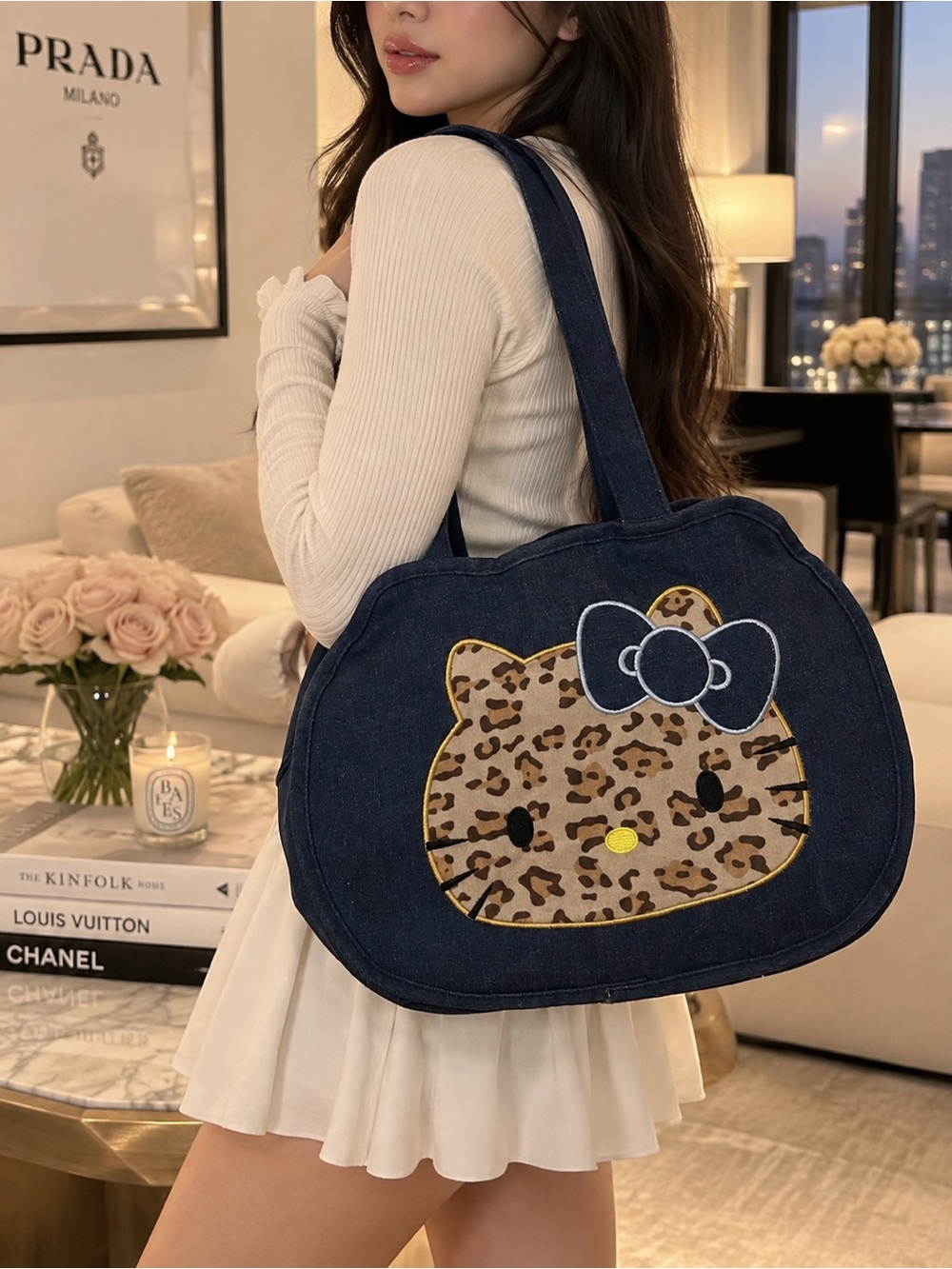RARE Hello Kitty Leopard Print Denim Tote Bag Y2K Navy Blue NWOT